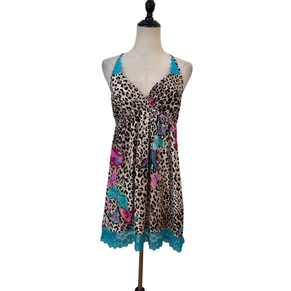 Y2K In Bloom babydoll Slip Dress Small Tan Leopard Butterfly Indy sleeze